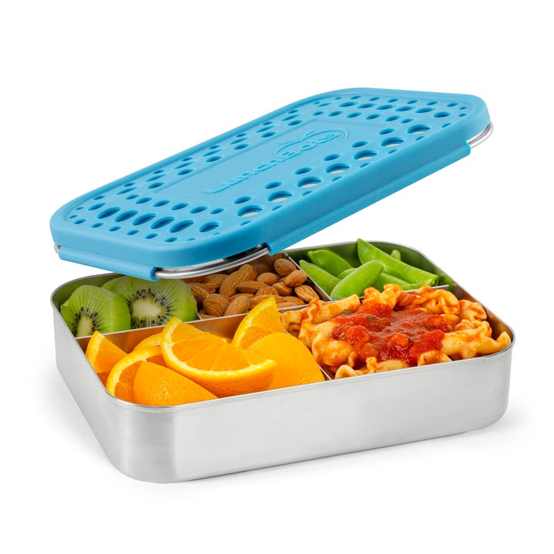LunchBots Large Cinco Stainless Steel Lunch Container - Five Section Design Holds a Variety of Foods - Metal Bento Box for Kids or Adults - Dishwasher Safe - Stainless Lid - Aqua Dots - Image 1